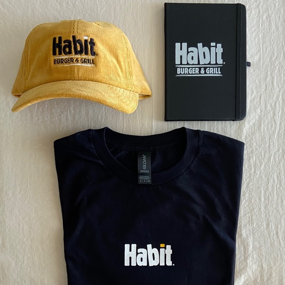 Habit Burger Bundle T-Shirt Small + Hat + Notebook + Drawstring Bag NWT ⭐️ - Picture 1 of 11